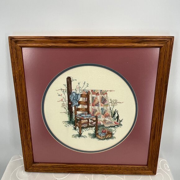 Framed Cross-Stitch Art With Wooden Chair & Quilt Scene In Oak Frame - Picture 1 of 6